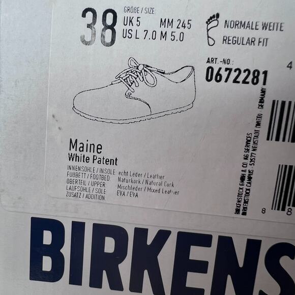 Birkenstock Maine Patent Leather Suede Shoe White Regular Fit Women 7/Men 5 NWB - Picture 10 of 10